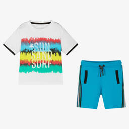 Boboli-Boys White & Blue Cotton Shorts Set | Childrensalon Outlet