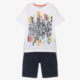 Boboli-Boys White & Blue Cotton Surfboard Shorts Set | Childrensalon Outlet