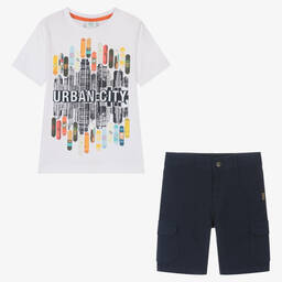 Boboli-Boys White & Blue Cotton Surfboard Shorts Set | Childrensalon Outlet