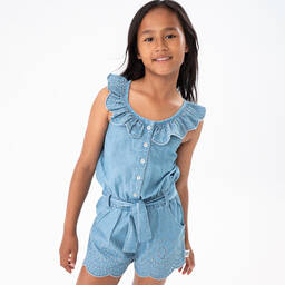 Boboli-Girls Blue Cotton Chambray Playsuit | Childrensalon Outlet