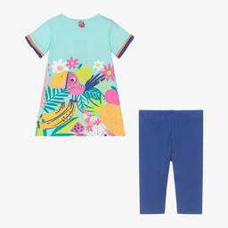 Boboli-Girls Blue Cotton Floral Bird Dress Set | Childrensalon Outlet