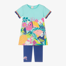Boboli-Girls Blue Cotton Floral Bird Dress Set | Childrensalon Outlet