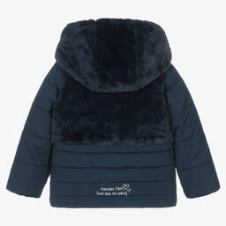 Boboli-Girls Blue Faux Fur Puffer Coat | Childrensalon Outlet