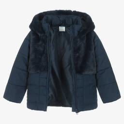 Boboli-Girls Blue Faux Fur Puffer Coat | Childrensalon Outlet