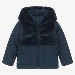 Boboli-Girls Blue Faux Fur Puffer Coat | Childrensalon Outlet