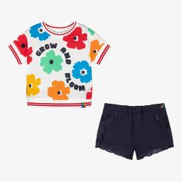 Boboli-طقم شورت قطن لون كحلي وأبيض بطبعة ورود للبنات | Childrensalon Outlet