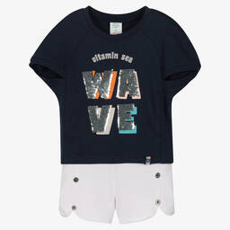 Boboli-Girls Blue & White Cotton Shorts Set | Childrensalon Outlet