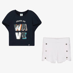 Boboli-Girls Blue & White Cotton Shorts Set | Childrensalon Outlet