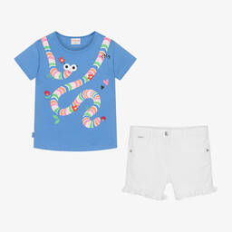 Boboli-Girls Blue & White Worm Shorts Set | Childrensalon Outlet