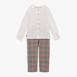 Boboli-Girls Cream & Plaid Cotton Ensemble | Childrensalon Outlet