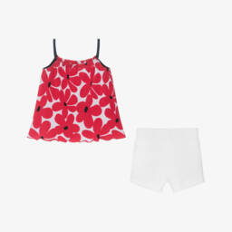 Boboli-Girls Crimson Blossoms Cotton Shorts Ensemble | Childrensalon Outlet