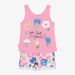Boboli-Girls Pink Cotton Floral Shorts Set | Childrensalon Outlet