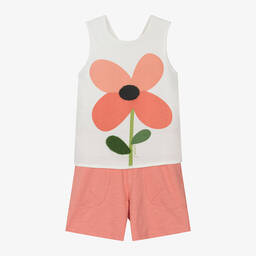 Boboli-Girls Pink Cotton Flower Shorts Set | Childrensalon Outlet