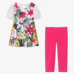 Boboli-Girls Pink Floral Cotton Dress & Leggings Set | Childrensalon Outlet