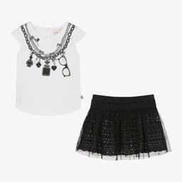 بوبولي-طقم تنورة قطن جيرسي لون أبيض وأسود | Childrensalon Outlet