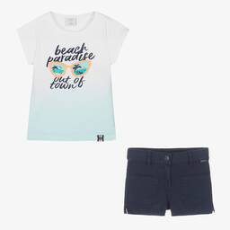 Boboli-Girls White & Blue Cotton Shorts Set | Childrensalon Outlet