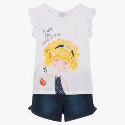 Boboli-Girls White & Blue Cotton Shorts Set | Childrensalon Outlet