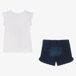 Boboli-Girls White & Blue Cotton Shorts Set | Childrensalon Outlet