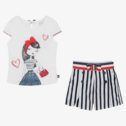 Boboli-Белый топ и синие шорты из хлопка | Childrensalon Outlet