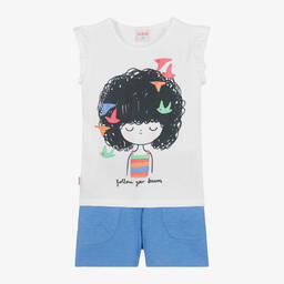 Boboli-Girls White & Blue Cotton Shorts Set | Childrensalon Outlet