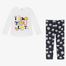 Boboli-طقم ليغنغز قطن لون أبيض وكحلي بطبعة ورود للبنات | Childrensalon Outlet