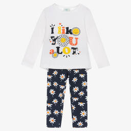 Boboli-طقم ليغنغز قطن لون أبيض وكحلي بطبعة ورود للبنات | Childrensalon Outlet