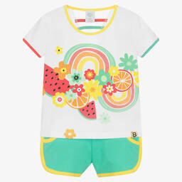 Boboli-Girls White & Green Cotton Shorts Set | Childrensalon Outlet