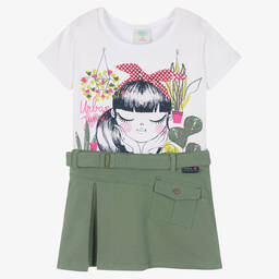 Boboli-Белая футболка и зеленая юбка из хлопка | Childrensalon Outlet