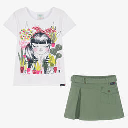 Boboli-Белая футболка и зеленая юбка из хлопка | Childrensalon Outlet