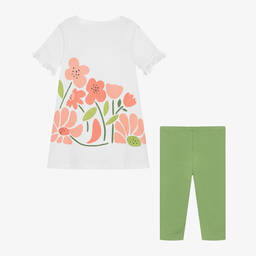 Boboli-طقم فستان قطن جيرسي لون أبيض وأخضر للبنات | Childrensalon Outlet