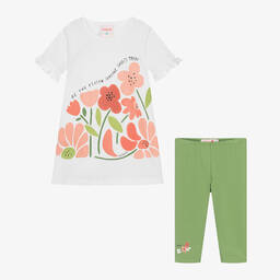 Boboli-طقم فستان قطن جيرسي لون أبيض وأخضر للبنات | Childrensalon Outlet