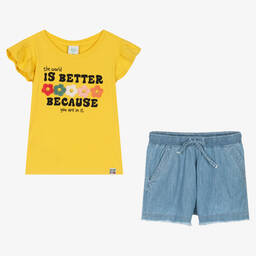 Boboli-طقم شورت قطن لون أصفر وأزرق للبنات | Childrensalon Outlet