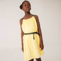 بوبولي-فستان ساتان مقلم لون أصفر وأبيض | Childrensalon Outlet