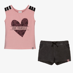 Boboli-Pink & Grey Cotton Shorts Set | Childrensalon Outlet
