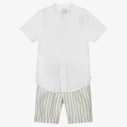Boboli-White & Green Linen Shorts Set | Childrensalon Outlet