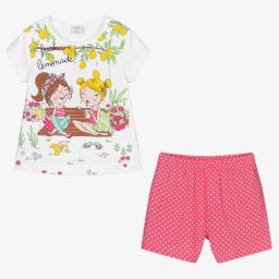 بوبولي-بيجاما قطن جيرسي لون أبيض وزهري للبنات | Childrensalon Outlet