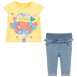 بوبولي-طقم بنطلون وتوب قطن جيرسي لون أصفر وأزرق للمولودات | Childrensalon Outlet