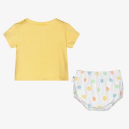 بوبولي-طقم شورت قطن عضوي جيرسي لون أصفر وأبيض للمولودات | Childrensalon Outlet