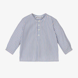 Bonpoint-Boys Collarless Blue Striped Top | Childrensalon Outlet