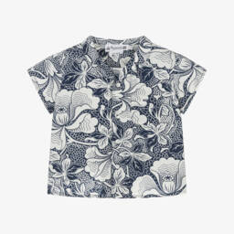 بونبوان-قميص قطني أزرق بحري بنقشة نباتية للأولاد | Childrensalon Outlet