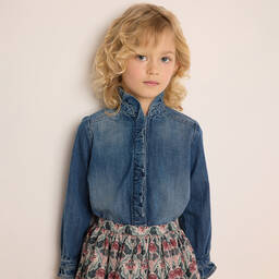 Bonpoint-Girls Blue Cotton Denim Ruffle Blouse | Childrensalon Outlet