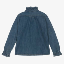 Bonpoint-Girls Blue Cotton Denim Ruffle Blouse | Childrensalon Outlet