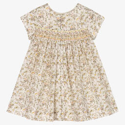 بونبوان-فستان قطن لون عاجي وأخضر بطبعة ورود | Childrensalon Outlet