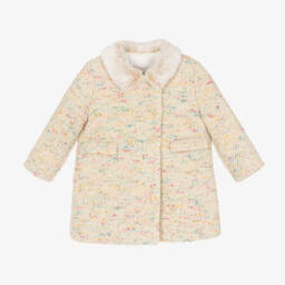 Bonpoint-Girls Ivory Tweed Coat with Fur Collar | Childrensalon Outlet