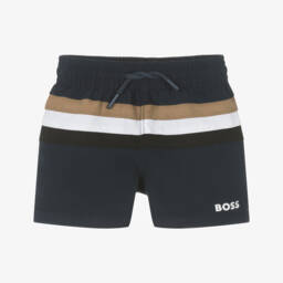 BOSS-Baby Boys Blue Tricolour Stripe Swim Shorts | Childrensalon Outlet