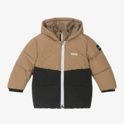 BOSS-Boys Beige & Black Hooded Down Jacket | Childrensalon Outlet