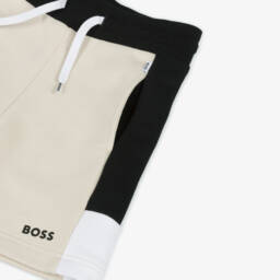 BOSS-Boys Beige Blocked Jersey Shorts | Childrensalon Outlet