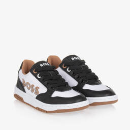 BOSS-Boys Black & White Leather Lace-Up Trainers | Childrensalon Outlet