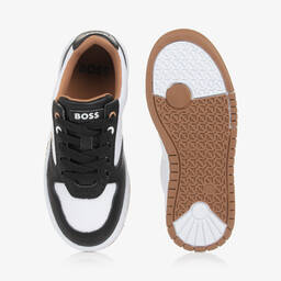 BOSS-Boys Black & White Leather Lace-Up Trainers | Childrensalon Outlet