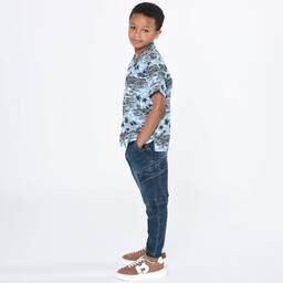 BOSS-Голубая хлопковая рубашка с тропическим принтом | Childrensalon Outlet